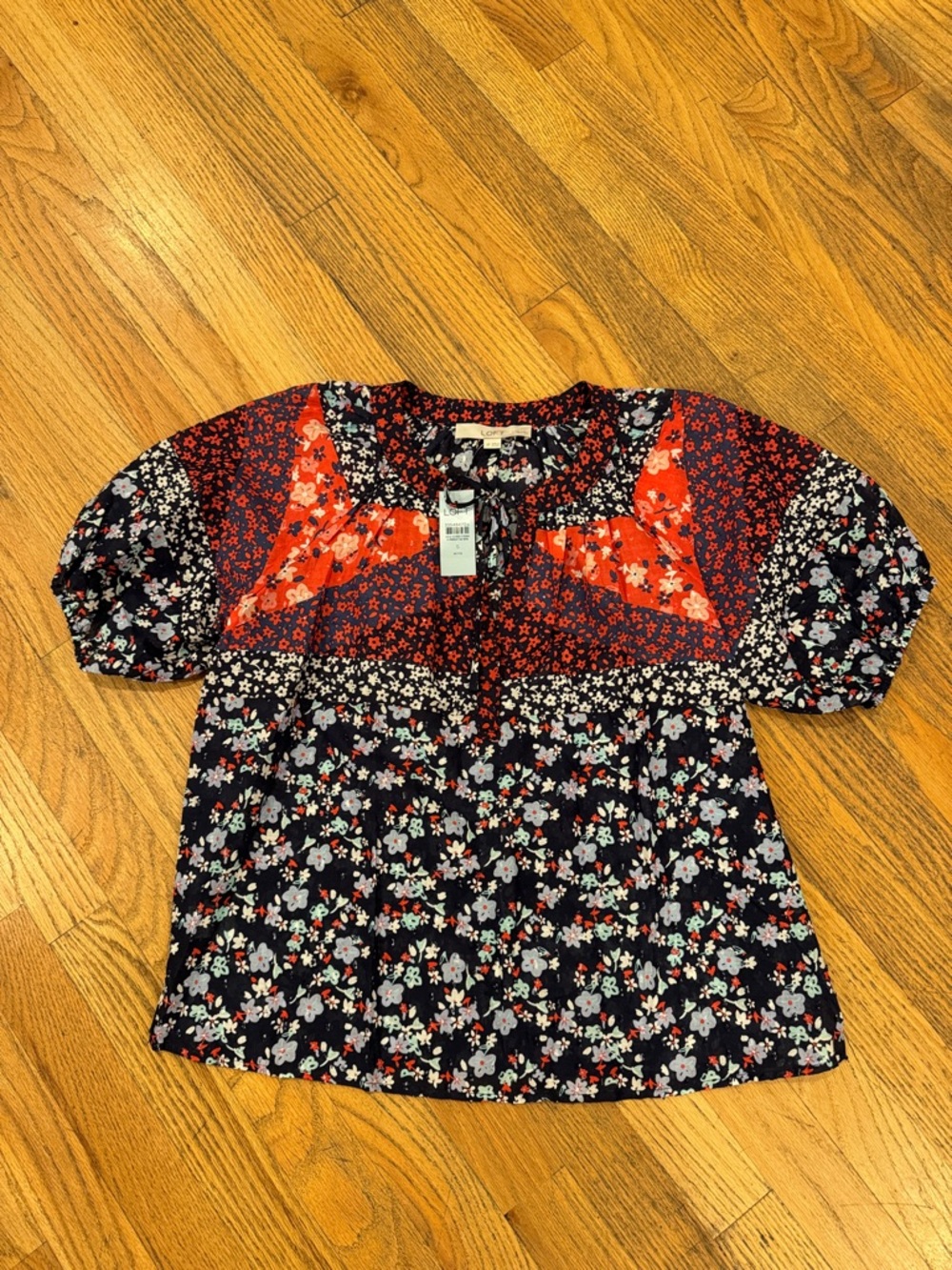 LOFT Petites Navy Blouse with Red Floral Print